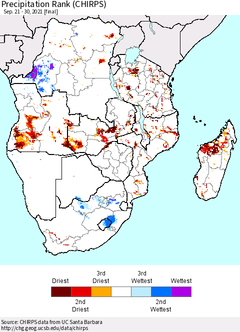 Southern Africa Precipitation Rank since 1981 (CHIRPS) Thematic Map For 9/21/2021 - 9/30/2021