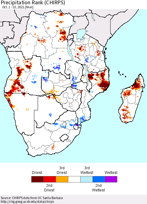 Southern Africa Precipitation Rank since 1981 (CHIRPS) Thematic Map For 10/1/2021 - 10/10/2021