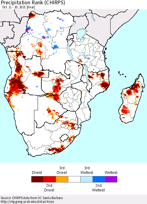 Southern Africa Precipitation Rank since 1981 (CHIRPS) Thematic Map For 10/11/2021 - 10/20/2021
