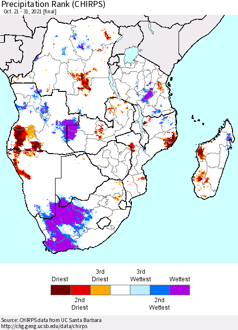 Southern Africa Precipitation Rank since 1981 (CHIRPS) Thematic Map For 10/21/2021 - 10/31/2021