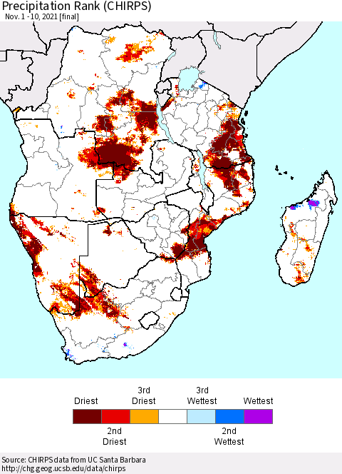 Southern Africa Precipitation Rank since 1981 (CHIRPS) Thematic Map For 11/1/2021 - 11/10/2021