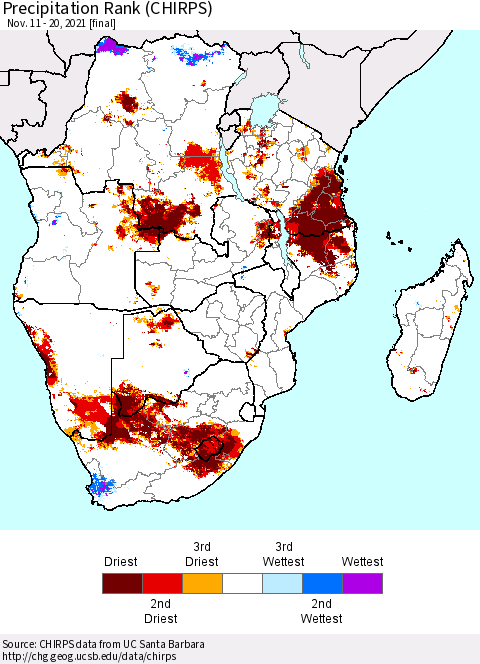Southern Africa Precipitation Rank since 1981 (CHIRPS) Thematic Map For 11/11/2021 - 11/20/2021