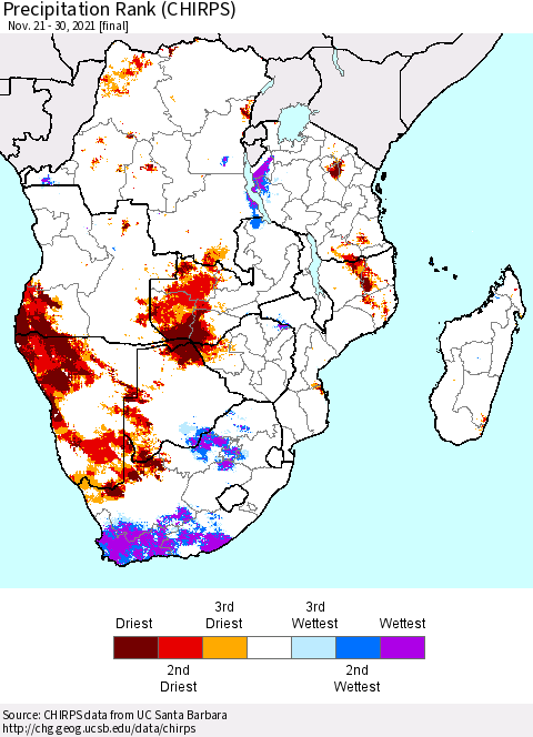 Southern Africa Precipitation Rank since 1981 (CHIRPS) Thematic Map For 11/21/2021 - 11/30/2021