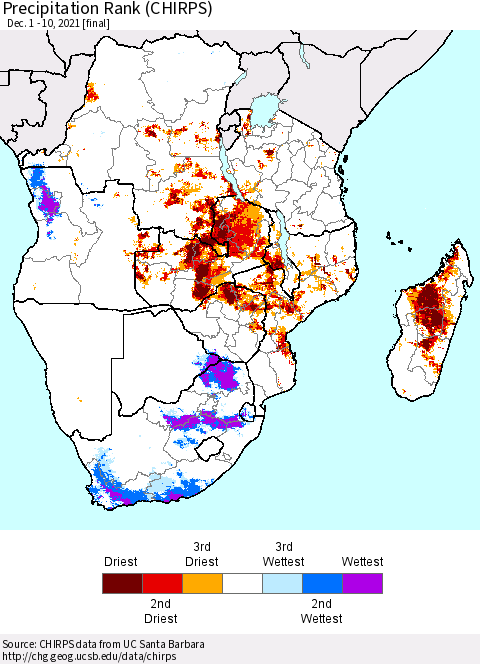 Southern Africa Precipitation Rank since 1981 (CHIRPS) Thematic Map For 12/1/2021 - 12/10/2021