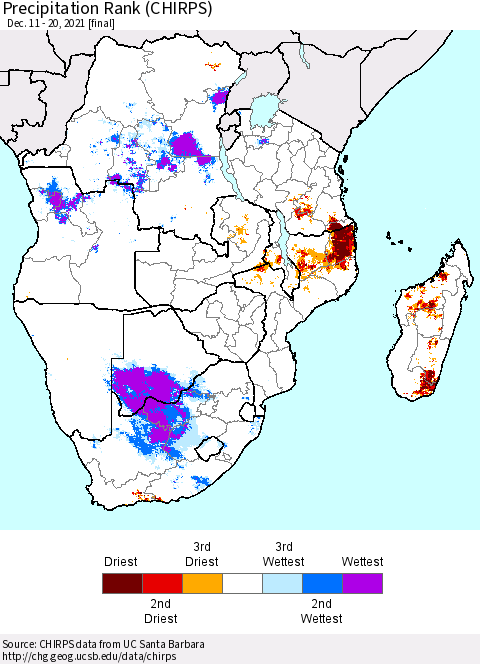Southern Africa Precipitation Rank since 1981 (CHIRPS) Thematic Map For 12/11/2021 - 12/20/2021