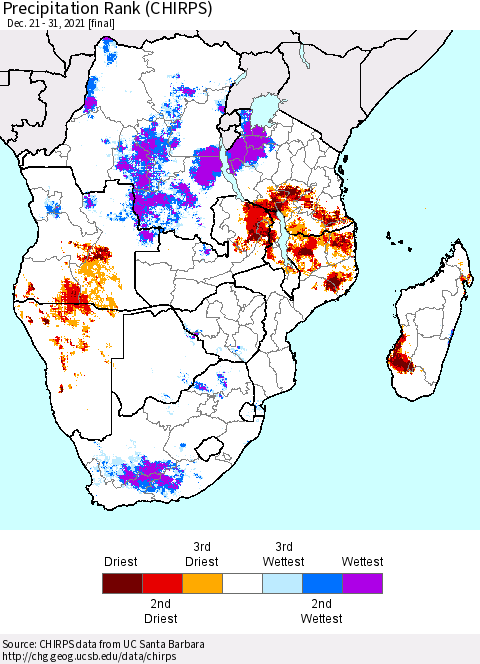 Southern Africa Precipitation Rank since 1981 (CHIRPS) Thematic Map For 12/21/2021 - 12/31/2021