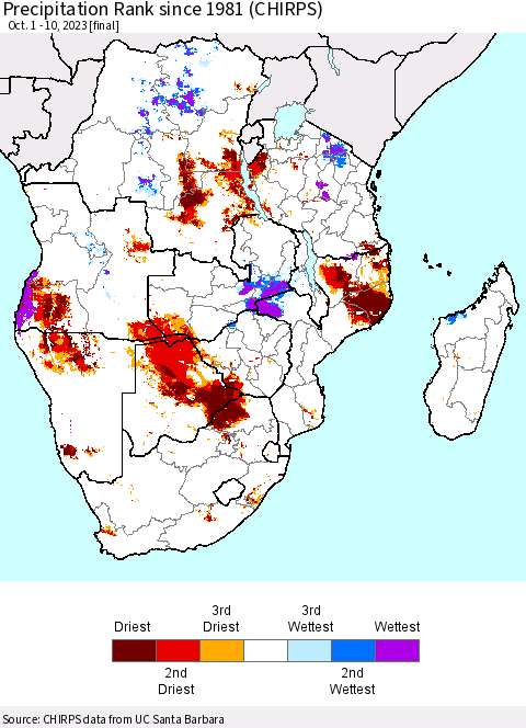 Southern Africa Precipitation Rank since 1981 (CHIRPS) Thematic Map For 10/1/2023 - 10/10/2023