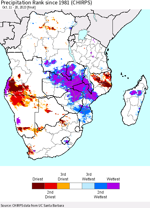 Southern Africa Precipitation Rank since 1981 (CHIRPS) Thematic Map For 10/11/2023 - 10/20/2023
