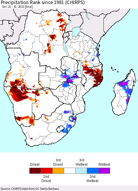 Southern Africa Precipitation Rank since 1981 (CHIRPS) Thematic Map For 10/21/2023 - 10/31/2023