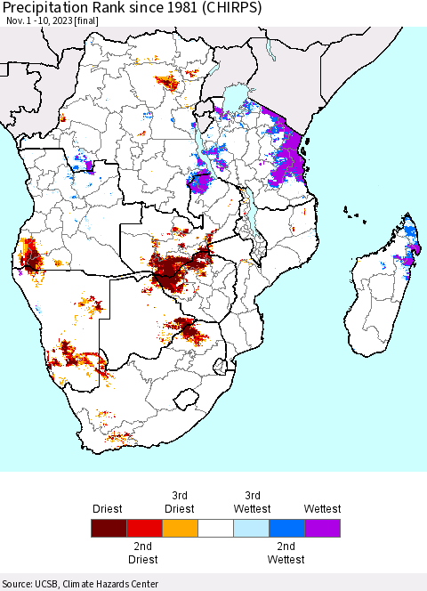 Southern Africa Precipitation Rank since 1981 (CHIRPS) Thematic Map For 11/1/2023 - 11/10/2023