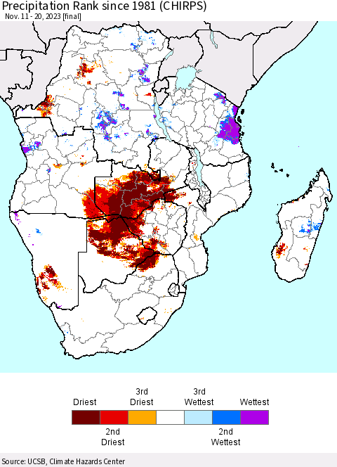 Southern Africa Precipitation Rank since 1981 (CHIRPS) Thematic Map For 11/11/2023 - 11/20/2023