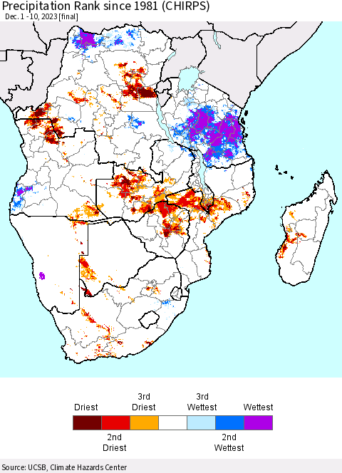 Southern Africa Precipitation Rank since 1981 (CHIRPS) Thematic Map For 12/1/2023 - 12/10/2023