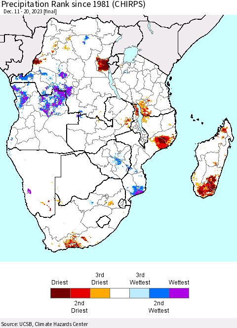Southern Africa Precipitation Rank since 1981 (CHIRPS) Thematic Map For 12/11/2023 - 12/20/2023