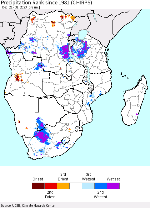 Southern Africa Precipitation Rank since 1981 (CHIRPS) Thematic Map For 12/21/2023 - 12/31/2023
