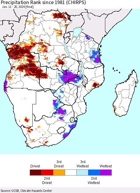 Southern Africa Precipitation Rank since 1981 (CHIRPS) Thematic Map For 1/11/2024 - 1/20/2024