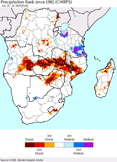 Southern Africa Precipitation Rank since 1981 (CHIRPS) Thematic Map For 1/21/2024 - 1/31/2024