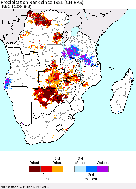 Southern Africa Precipitation Rank since 1981 (CHIRPS) Thematic Map For 2/1/2024 - 2/10/2024