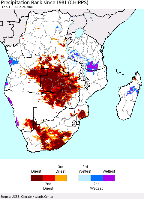 Southern Africa Precipitation Rank since 1981 (CHIRPS) Thematic Map For 2/11/2024 - 2/20/2024