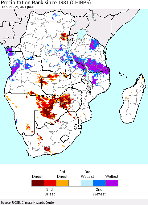 Southern Africa Precipitation Rank since 1981 (CHIRPS) Thematic Map For 2/21/2024 - 2/29/2024