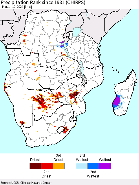 Southern Africa Precipitation Rank since 1981 (CHIRPS) Thematic Map For 3/1/2024 - 3/10/2024