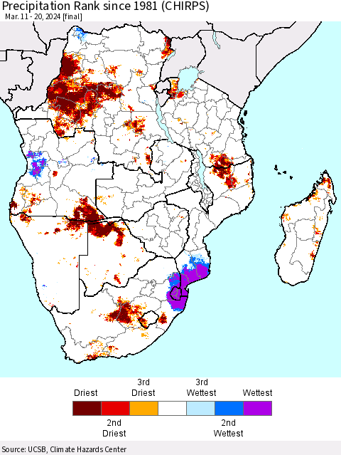 Southern Africa Precipitation Rank since 1981 (CHIRPS) Thematic Map For 3/11/2024 - 3/20/2024