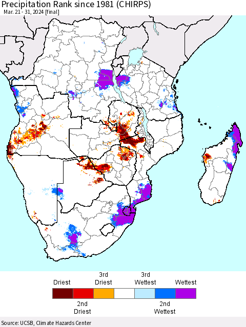 Southern Africa Precipitation Rank since 1981 (CHIRPS) Thematic Map For 3/21/2024 - 3/31/2024