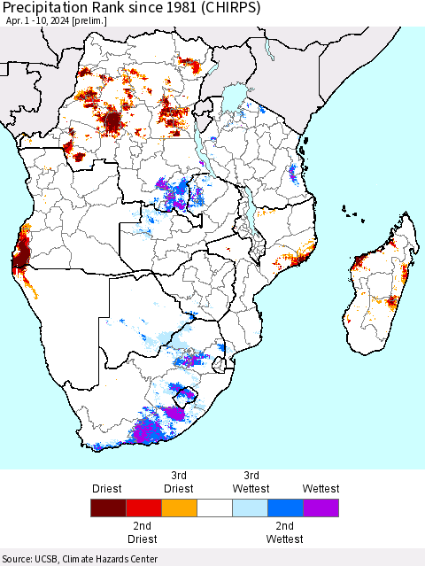 Southern Africa Precipitation Rank since 1981 (CHIRPS) Thematic Map For 4/1/2024 - 4/10/2024