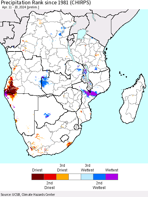 Southern Africa Precipitation Rank since 1981 (CHIRPS) Thematic Map For 4/11/2024 - 4/20/2024
