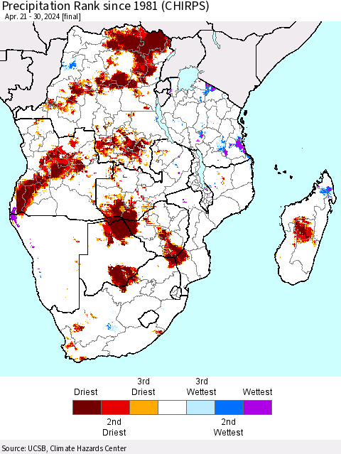 Southern Africa Precipitation Rank since 1981 (CHIRPS) Thematic Map For 4/21/2024 - 4/30/2024