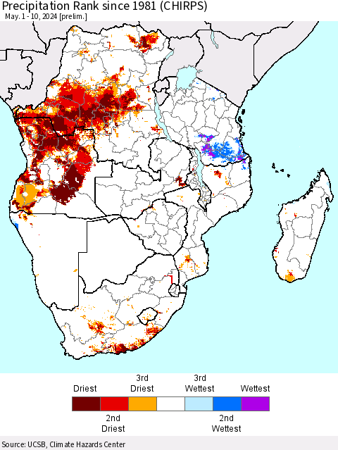 Southern Africa Precipitation Rank since 1981 (CHIRPS) Thematic Map For 5/1/2024 - 5/10/2024