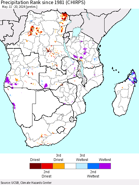Southern Africa Precipitation Rank since 1981 (CHIRPS) Thematic Map For 5/11/2024 - 5/20/2024