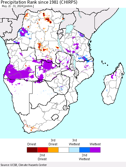 Southern Africa Precipitation Rank since 1981 (CHIRPS) Thematic Map For 5/21/2024 - 5/31/2024