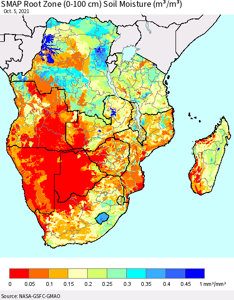 Southern Africa SMAP Root Zone (0-100 cm) Soil Moisture (m³/m³) Thematic Map For 10/1/2021 - 10/5/2021