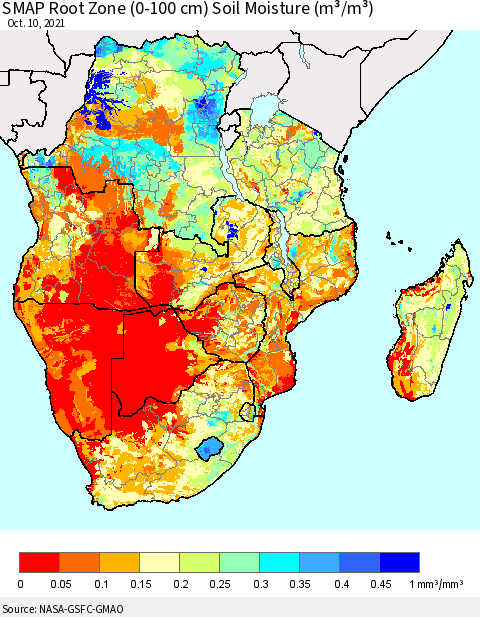 Southern Africa SMAP Root Zone (0-100 cm) Soil Moisture (m³/m³) Thematic Map For 10/6/2021 - 10/10/2021