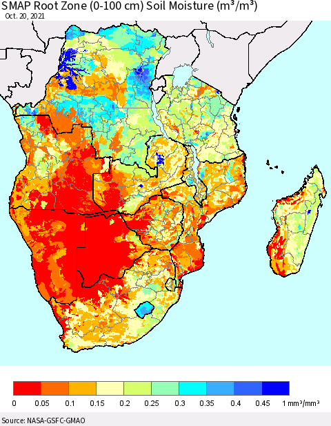 Southern Africa SMAP Root Zone (0-100 cm) Soil Moisture (m³/m³) Thematic Map For 10/16/2021 - 10/20/2021
