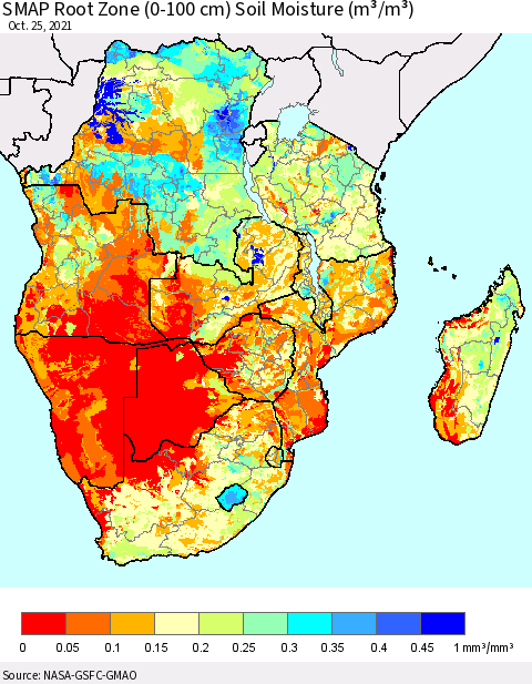 Southern Africa SMAP Root Zone (0-100 cm) Soil Moisture (m³/m³) Thematic Map For 10/21/2021 - 10/25/2021
