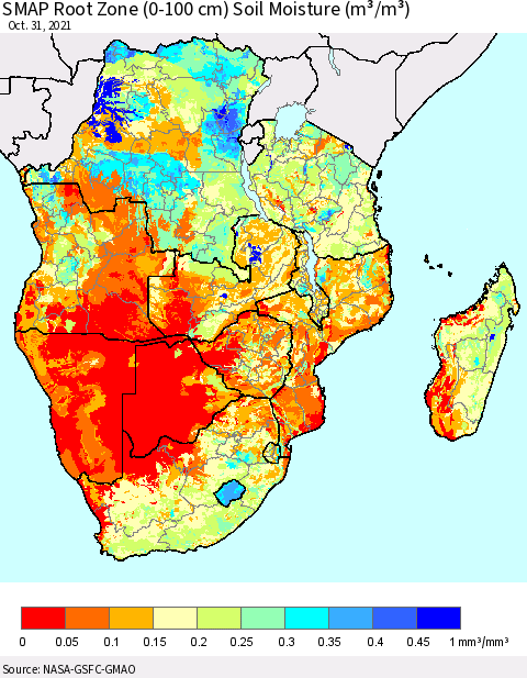 Southern Africa SMAP Root Zone (0-100 cm) Soil Moisture (m³/m³) Thematic Map For 10/26/2021 - 10/31/2021