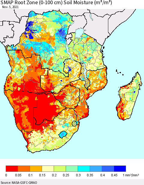 Southern Africa SMAP Root Zone (0-100 cm) Soil Moisture (m³/m³) Thematic Map For 11/1/2021 - 11/5/2021