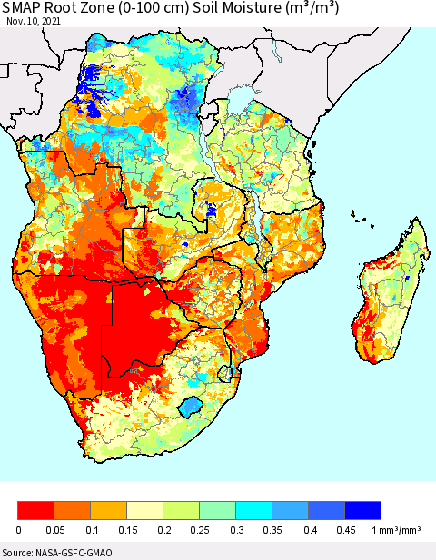Southern Africa SMAP Root Zone (0-100 cm) Soil Moisture (m³/m³) Thematic Map For 11/6/2021 - 11/10/2021