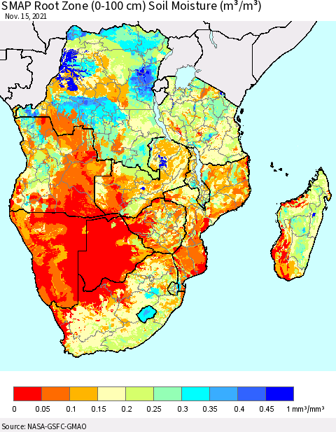 Southern Africa SMAP Root Zone (0-100 cm) Soil Moisture (m³/m³) Thematic Map For 11/11/2021 - 11/15/2021