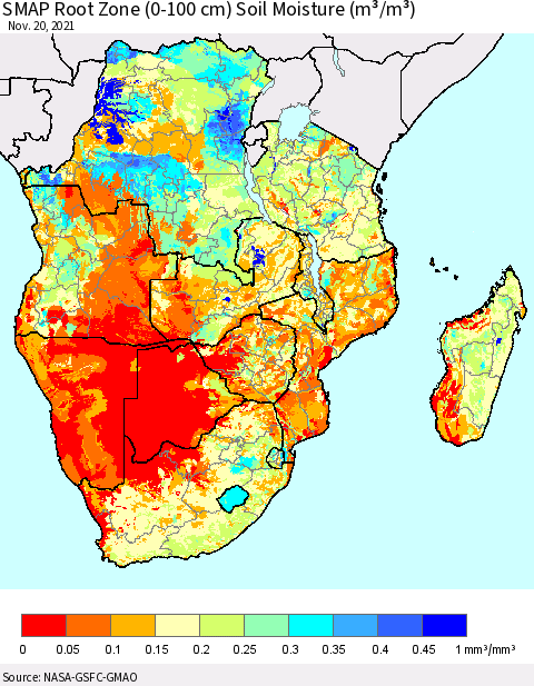 Southern Africa SMAP Root Zone (0-100 cm) Soil Moisture (m³/m³) Thematic Map For 11/16/2021 - 11/20/2021