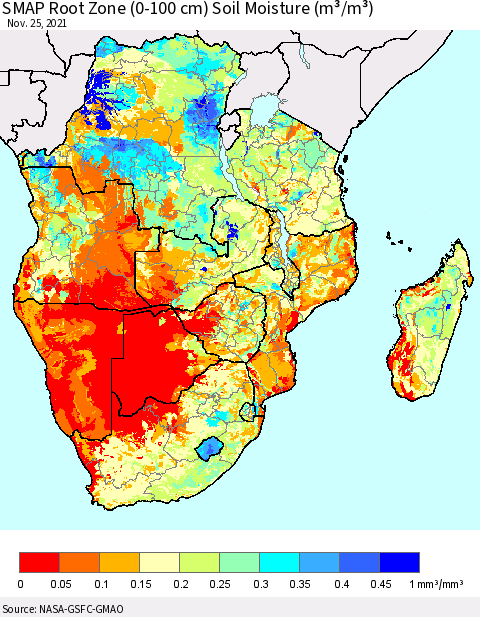 Southern Africa SMAP Root Zone (0-100 cm) Soil Moisture (m³/m³) Thematic Map For 11/21/2021 - 11/25/2021