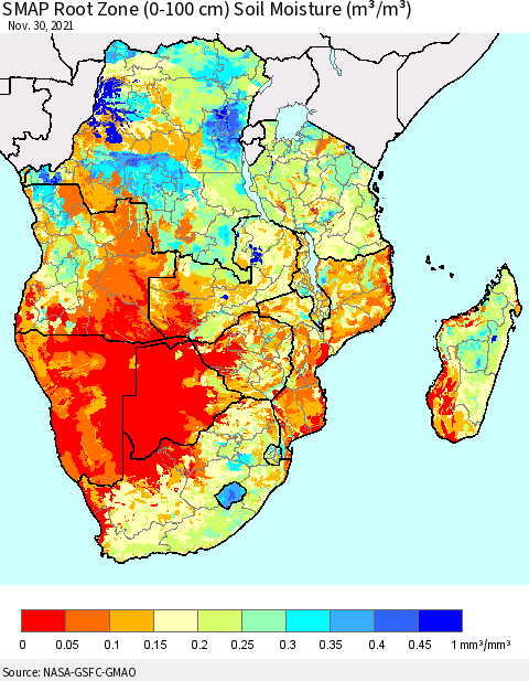 Southern Africa SMAP Root Zone (0-100 cm) Soil Moisture (m³/m³) Thematic Map For 11/26/2021 - 11/30/2021
