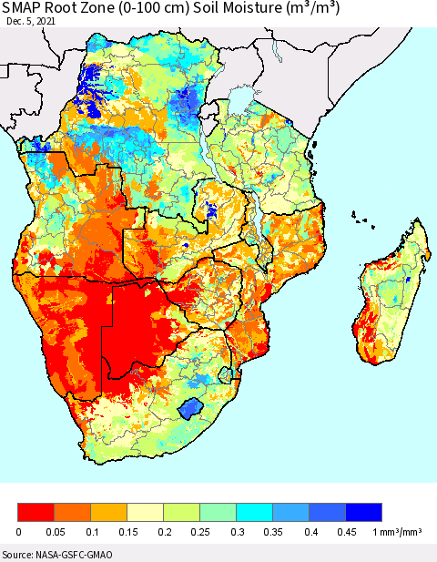Southern Africa SMAP Root Zone (0-100 cm) Soil Moisture (m³/m³) Thematic Map For 12/1/2021 - 12/5/2021