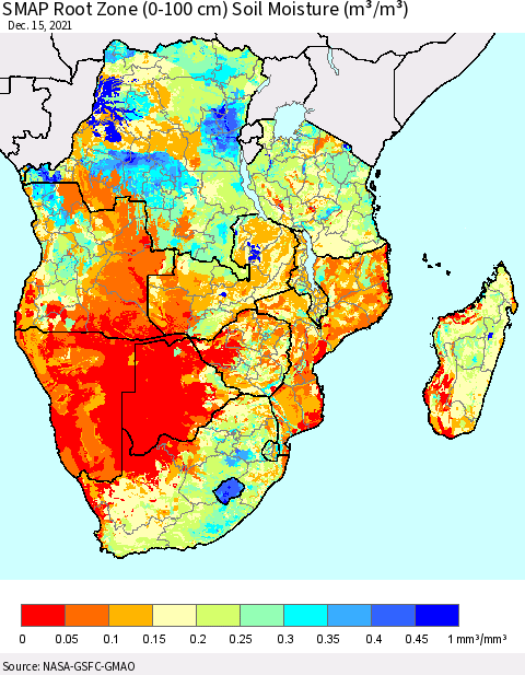 Southern Africa SMAP Root Zone (0-100 cm) Soil Moisture (m³/m³) Thematic Map For 12/11/2021 - 12/15/2021