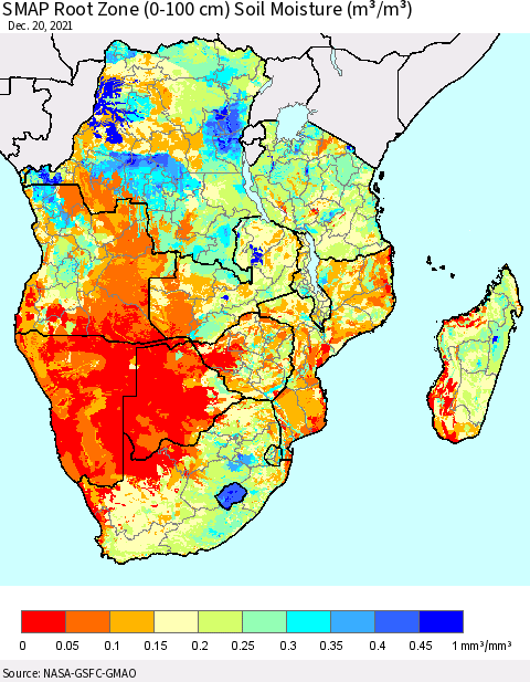 Southern Africa SMAP Root Zone (0-100 cm) Soil Moisture (m³/m³) Thematic Map For 12/16/2021 - 12/20/2021
