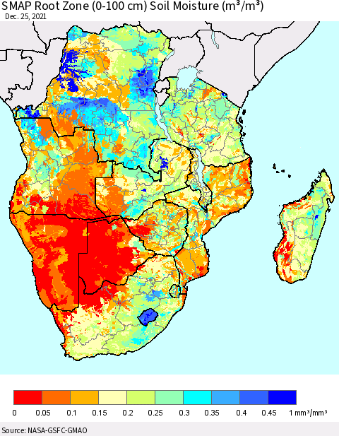 Southern Africa SMAP Root Zone (0-100 cm) Soil Moisture (m³/m³) Thematic Map For 12/21/2021 - 12/25/2021