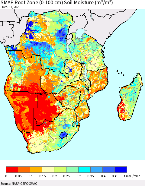 Southern Africa SMAP Root Zone (0-100 cm) Soil Moisture (m³/m³) Thematic Map For 12/26/2021 - 12/31/2021