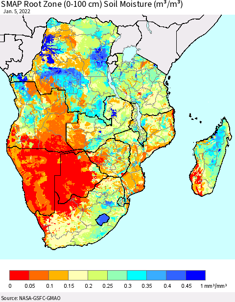 Southern Africa SMAP Root Zone (0-100 cm) Soil Moisture (m³/m³) Thematic Map For 1/1/2022 - 1/5/2022