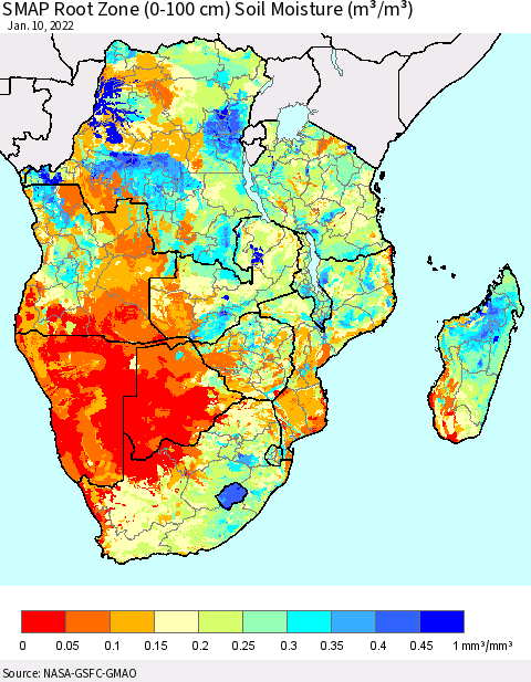 Southern Africa SMAP Root Zone (0-100 cm) Soil Moisture (m³/m³) Thematic Map For 1/6/2022 - 1/10/2022